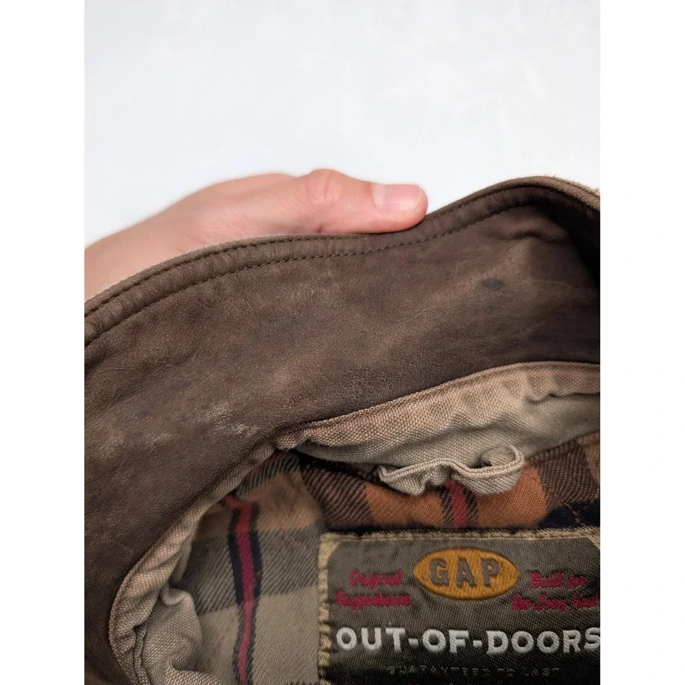 GAP Out-of-Doors Mens Medium Olive Grunge Field Jacket Leather Trim Plaid